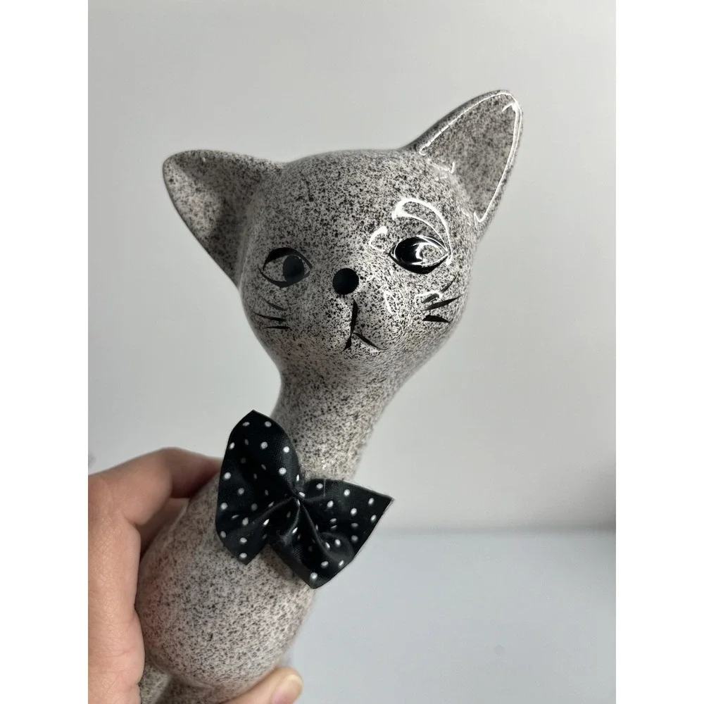 Vtg Pair Of Ceramic Speckled Siamese Cat W/ Bows‎ Statue Figure Set Of 2